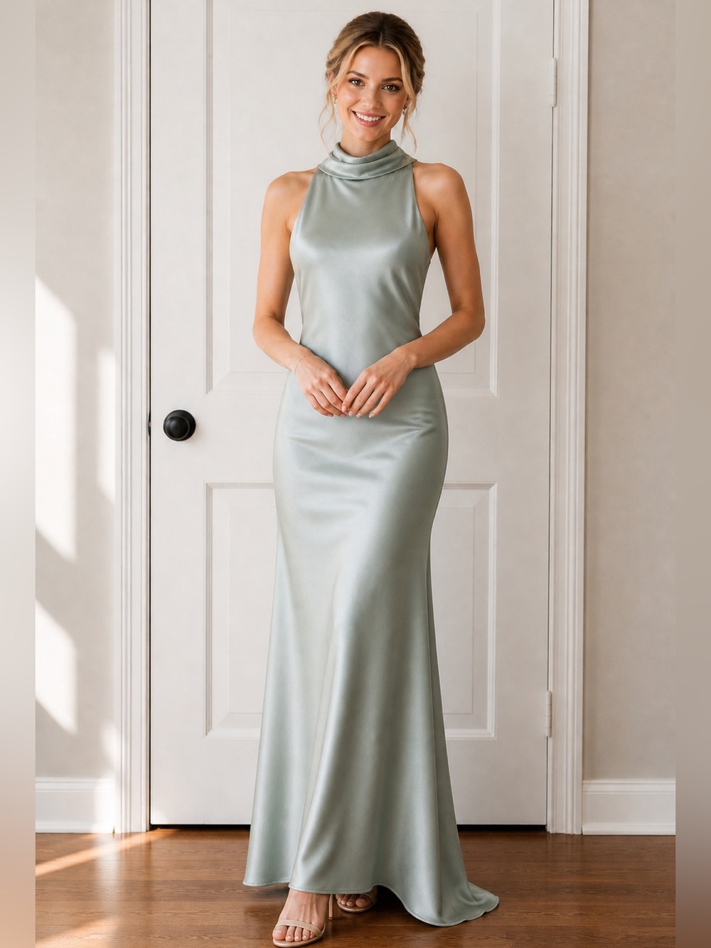 Aqua by Bloomingdale’s Sage Green Satin Halter Formal Gown 4